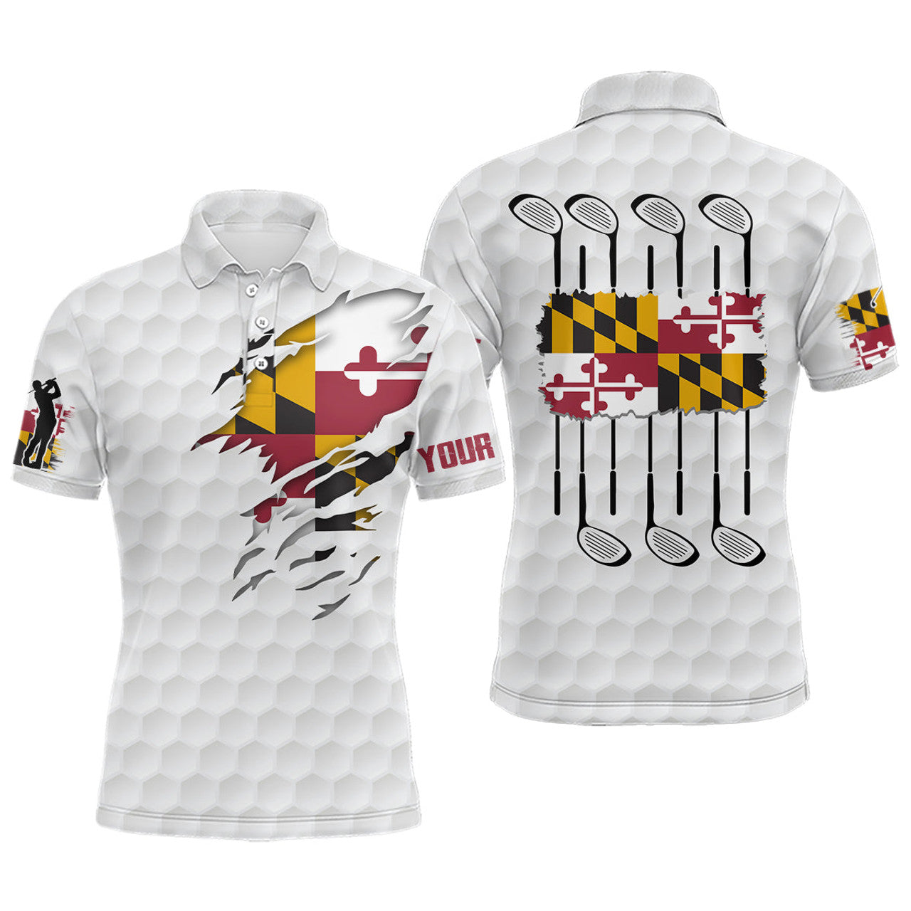 Custom Maryland Flag Golf Pattern White Patriotic Golf Men's Polo Shirt S-5XL