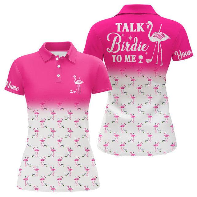 Custom Funny Flamingo Golf Talk Birdie to Me Pink White Women's Polo Shirts S-5XL