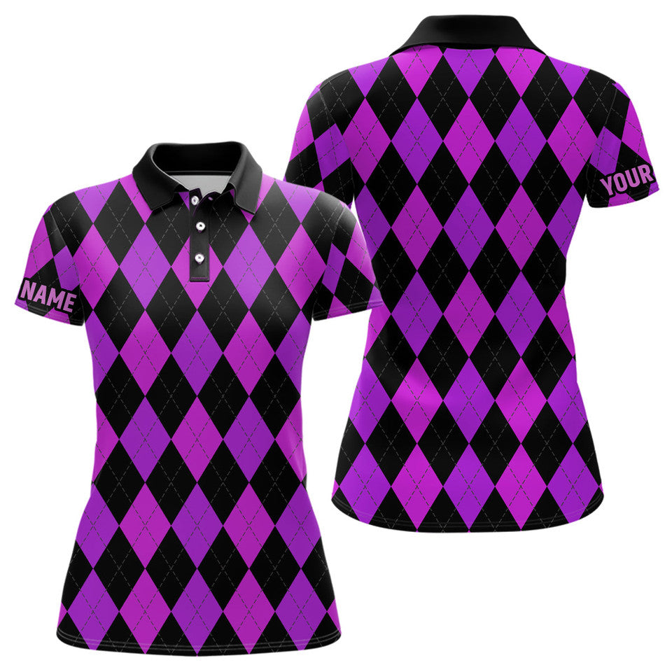 Custom Purple Black Argyle Plaid Golf Attire for Ladies Women's Polo Shirts S-5XL