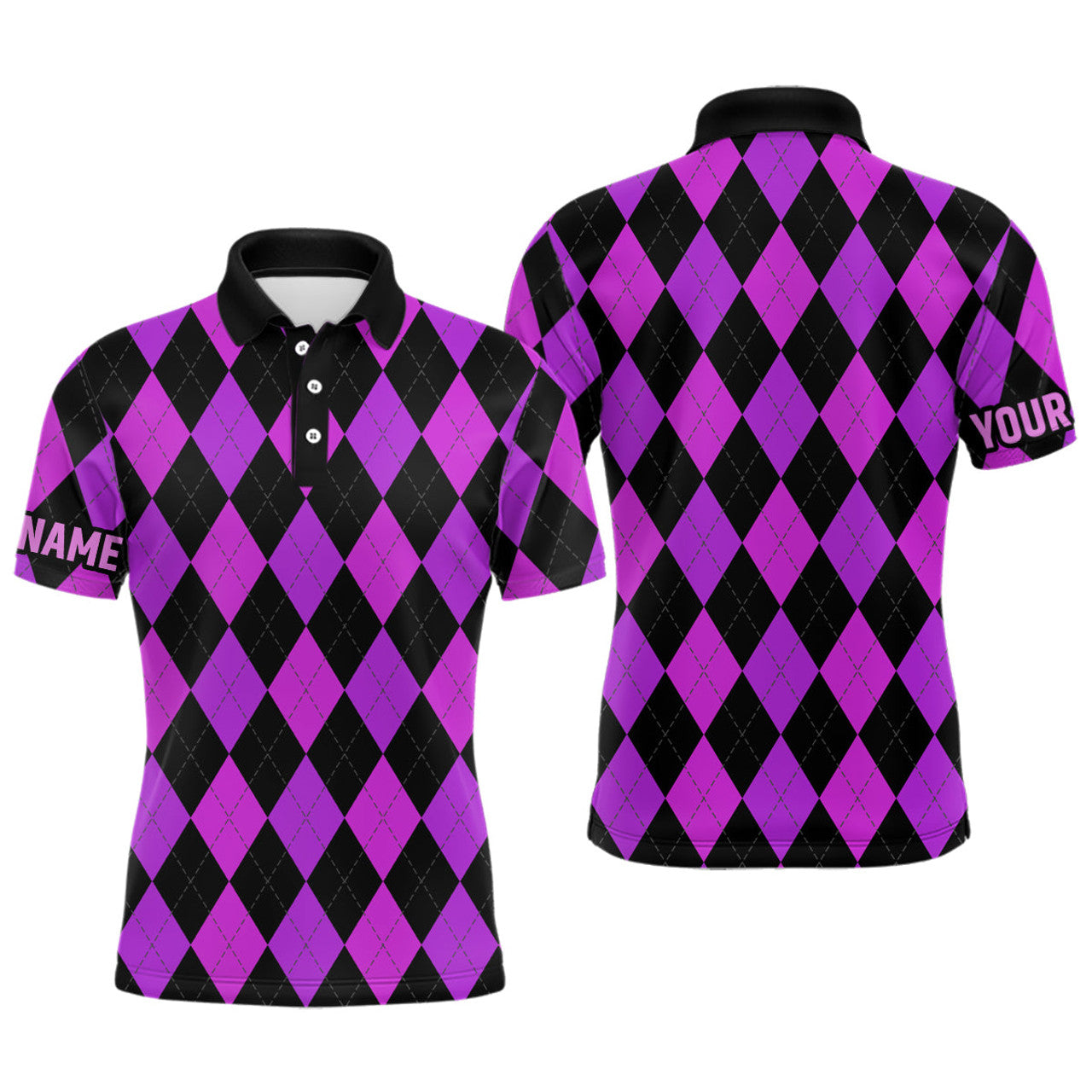 Custom Name Purple Black Argyle Plaid Golf Attire Men's Polo Shirt S-5XL