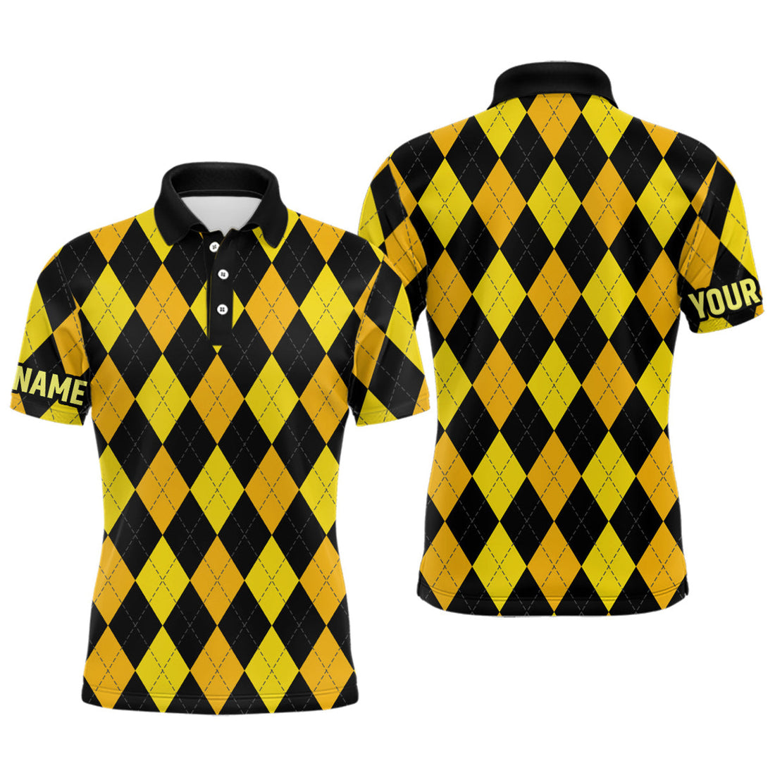 Custom Men's Golf Polo Yellow Black Argyle Plaid Men's Polo Shirt S-5XL