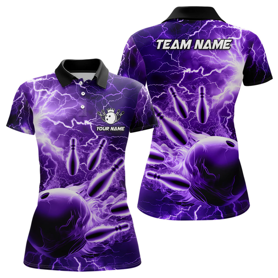 Custom Bowling Shirts Purple Lightning Thunder Team Gift Women's Polo Shirts S-5XL