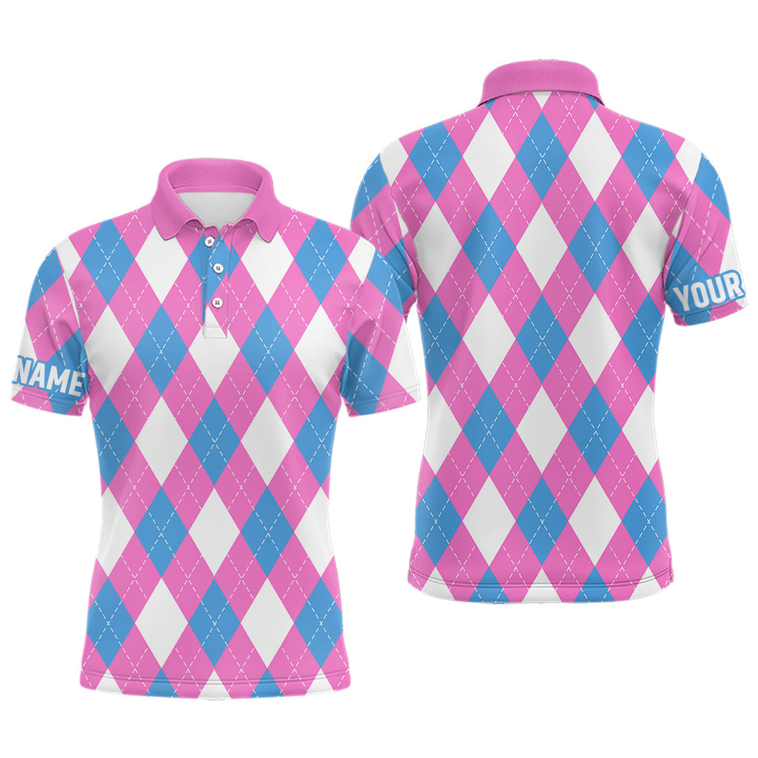 Custom Mens Golf Polo Shirt Argyle Plaid Pink Blue White Men's Polo Shirt S-5XL