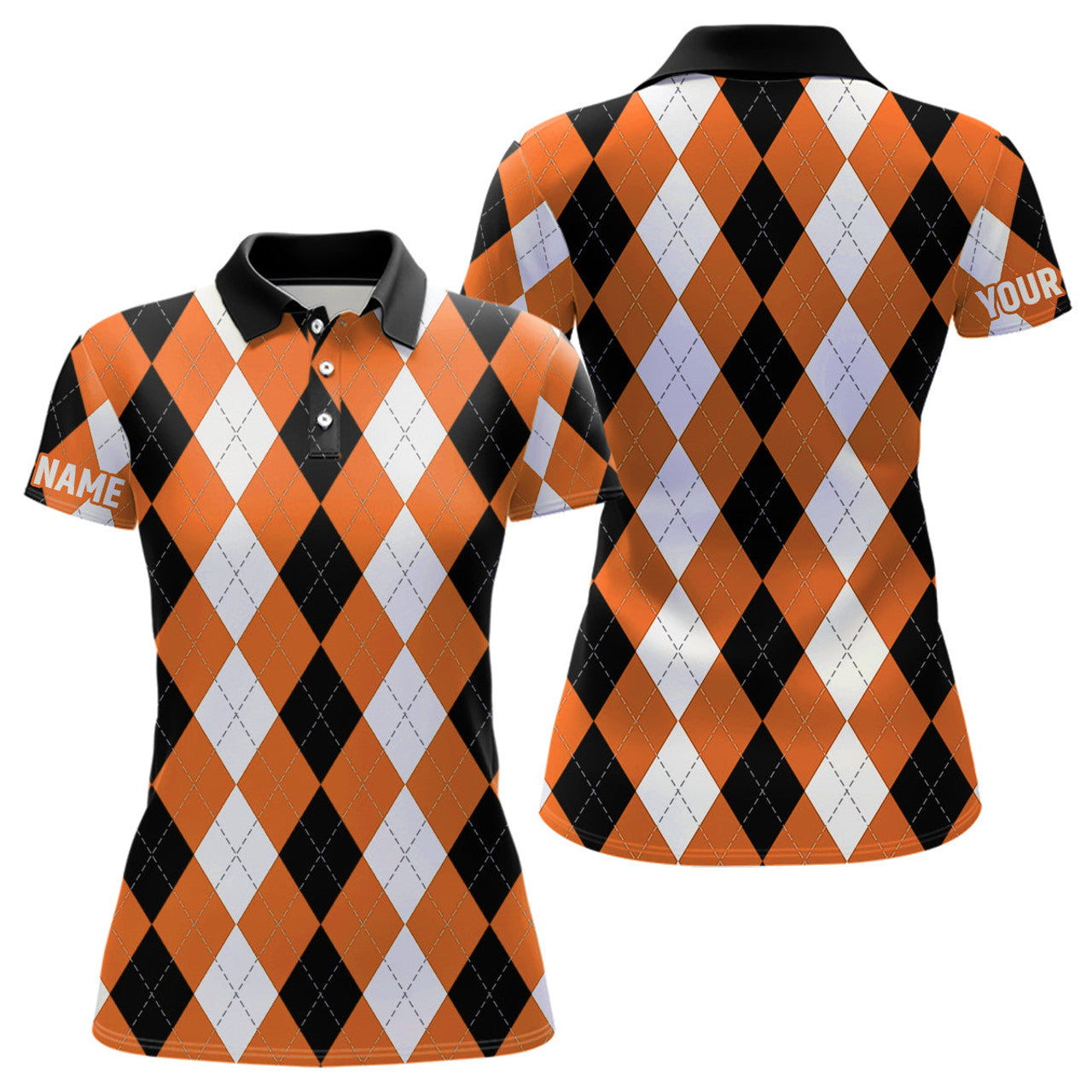 Custom Orange Argyle Plaid Pattern Golf for Women's Polo Shirts S-5XL