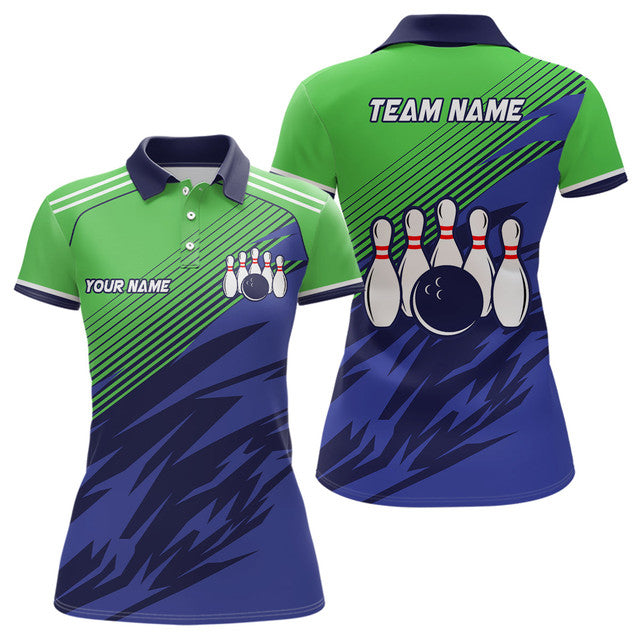 Custom Green Blue Bowling Custom Name Bowling Team Women's Polo Shirts S-5XL