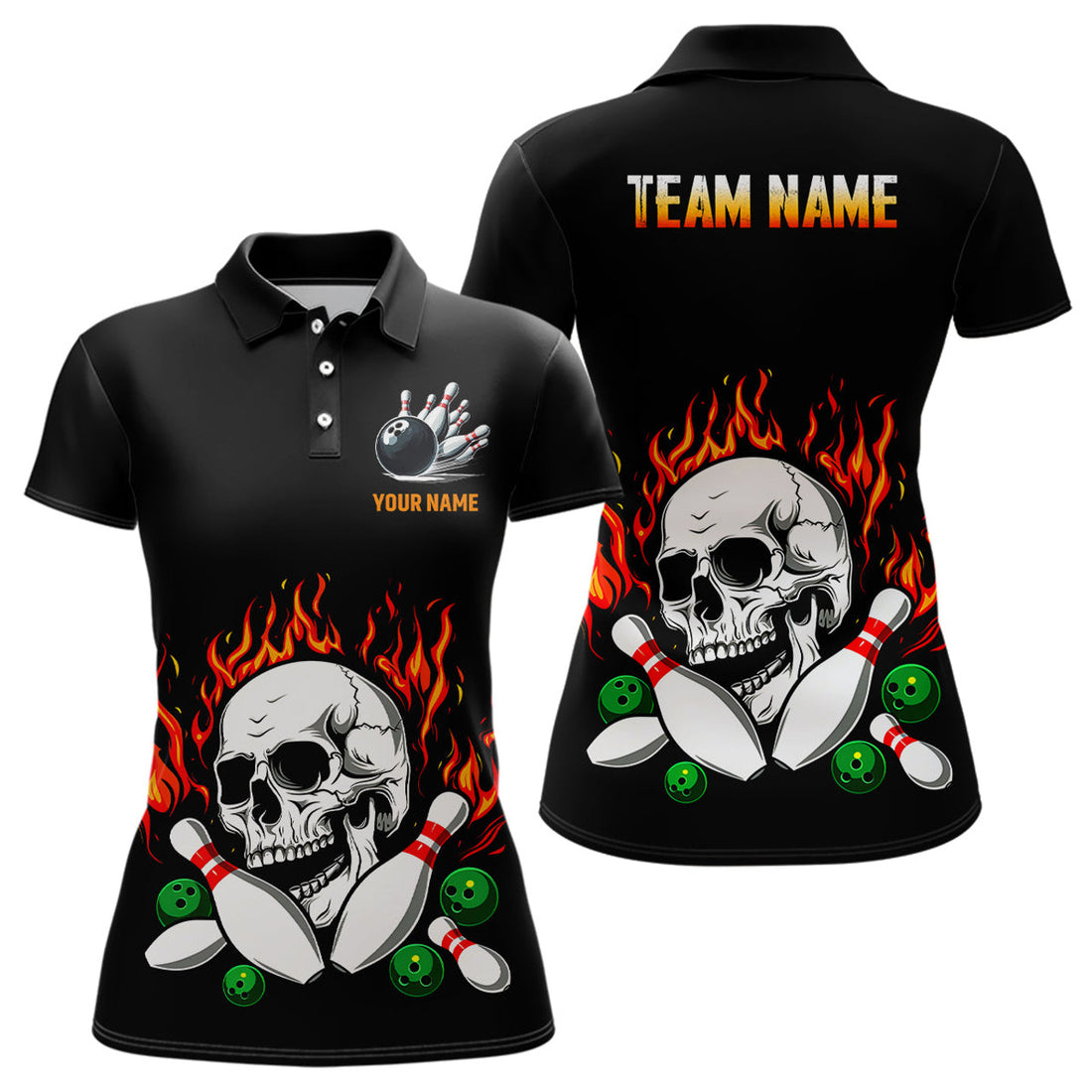 Custom Flame Skull Bowling Team Shirts Bowling Gifts Women's Polo Shirts S-5XL