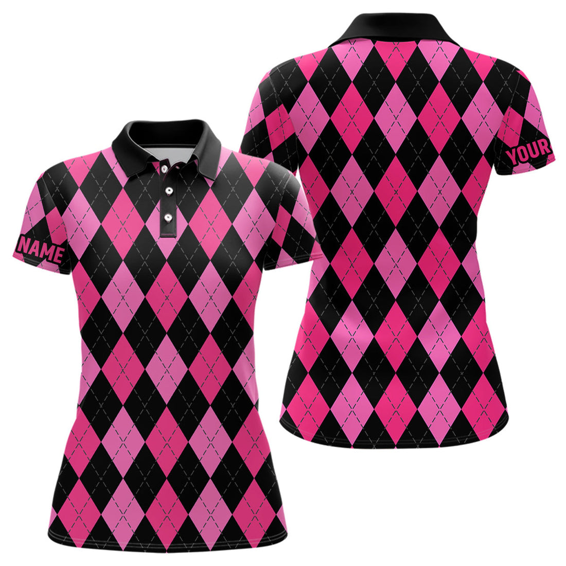Custom Pink and Black Argyle Plaid Golf Women's Polo Shirts S-5XL