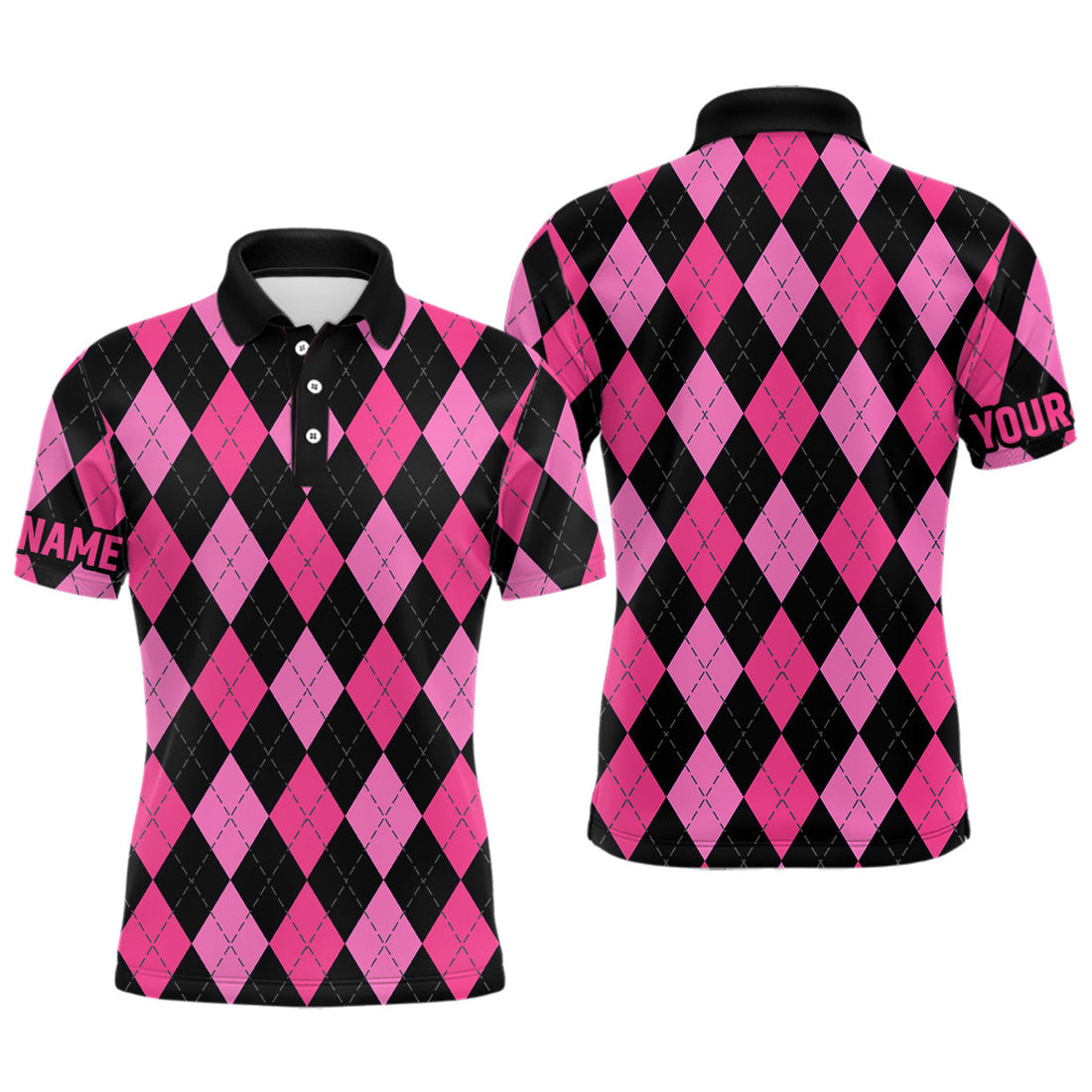 Custom Pink and Black Argyle Plaid Golf Attire for Men Men's Polo Shirt S-5XL