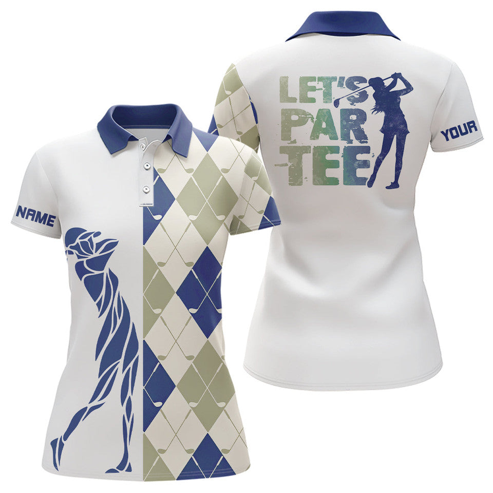 Custom Name Blue White Argyle Golf Shirt Let's Par Tee Women's Polo Shirts S-5XL
