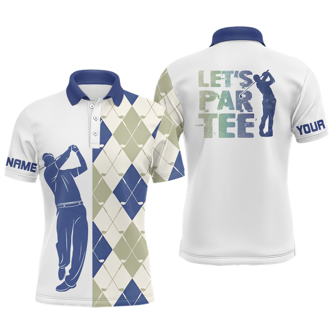 Custom Blue and White Golf Shirt Golf Clubs Custom Name Men's Polo Shirt S-5XL