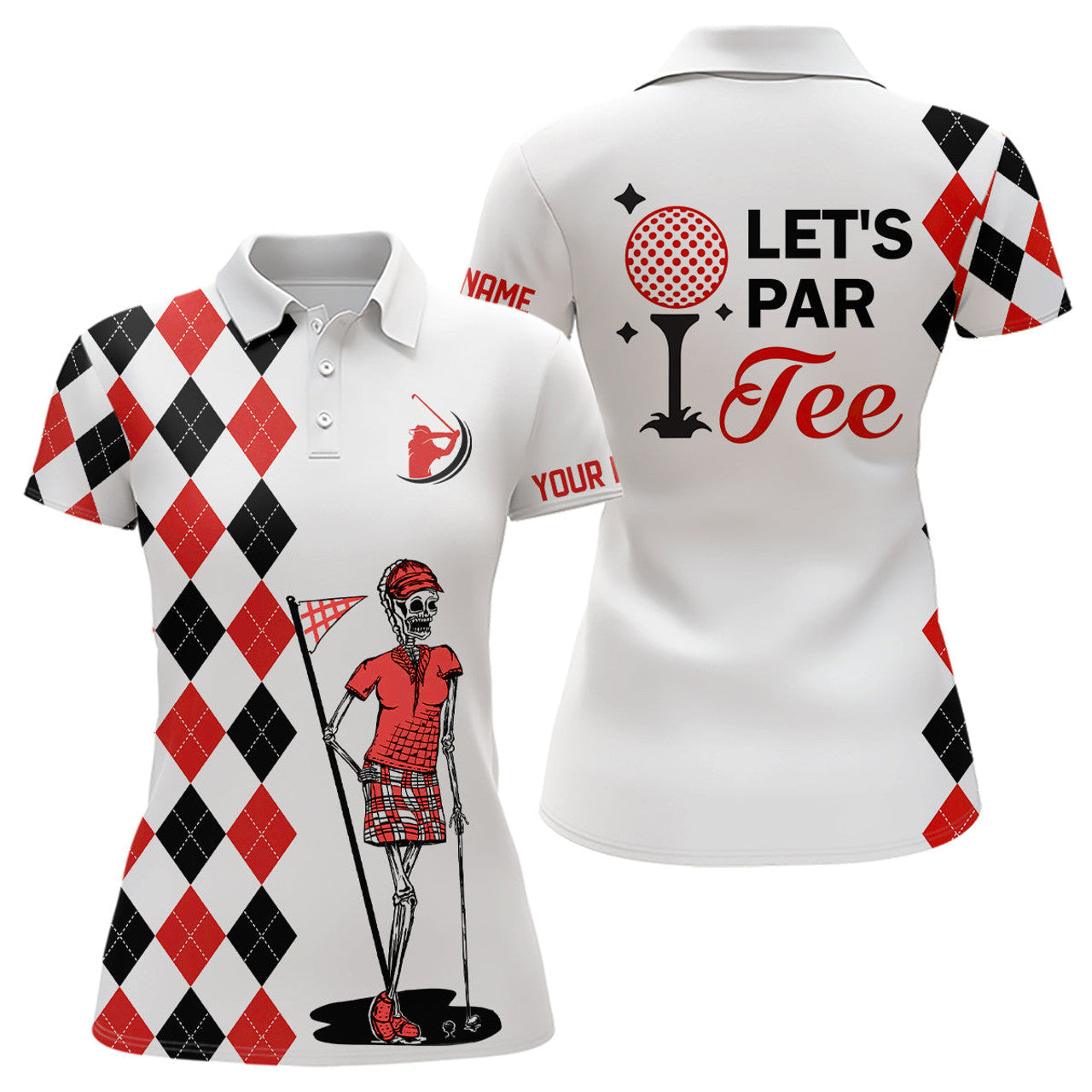 Custom Black Red Argyle Pattern Golf Let's Par Tee Skull Women's Polo Shirts S-5XL
