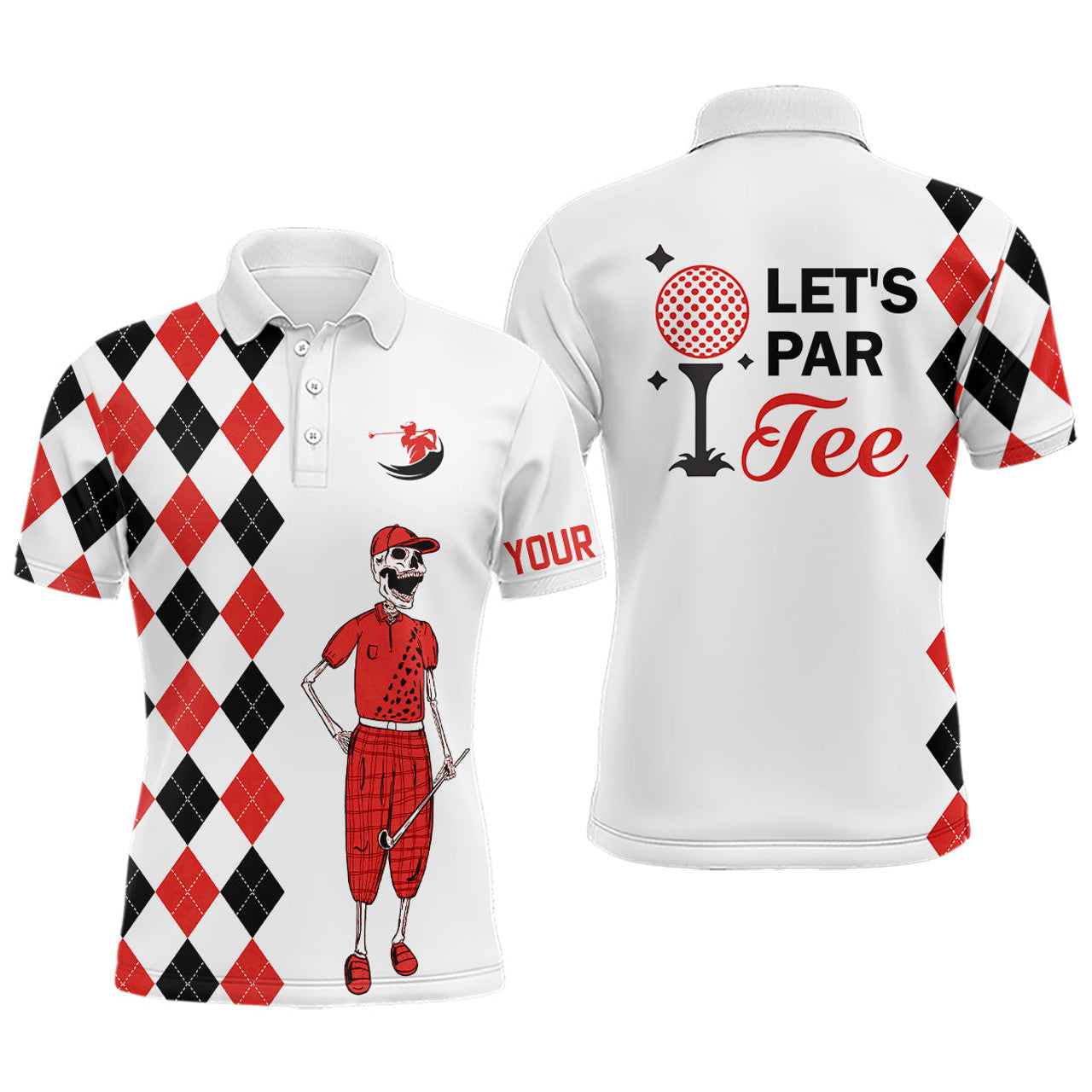 Black Red Argyle Golf Polo Custom Skull Lets Par Tee Mens Polo Shirt S-5XL