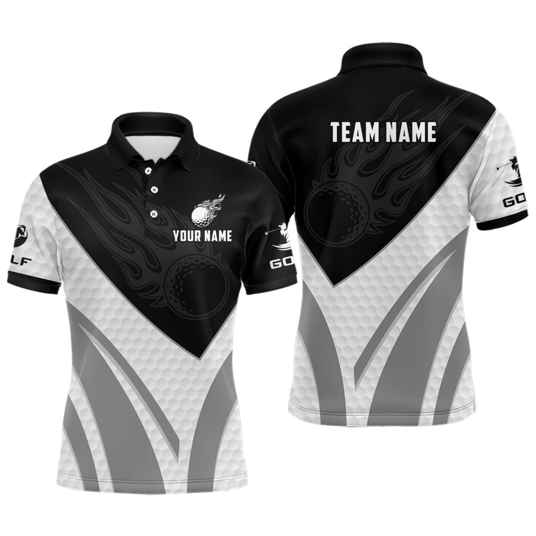 Custom Black and White Golf Shirt with Fire Print Men's Polo Shirt S-5XL