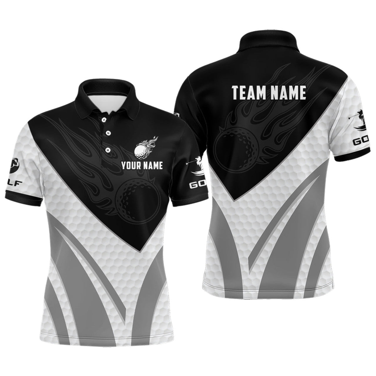 Custom Black and White Golf Shirt with Fire Print Men's Polo Shirt S-5XL