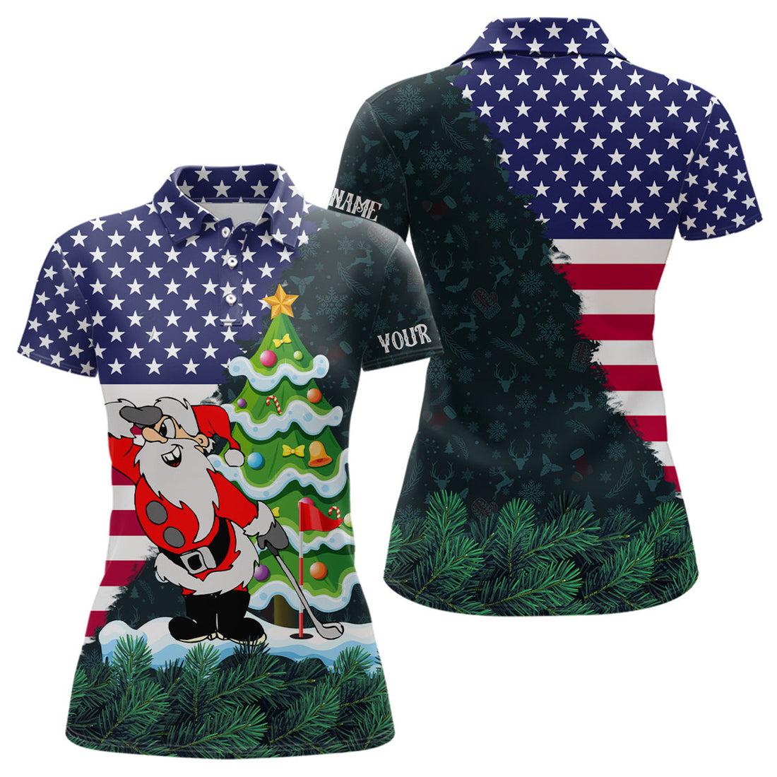 Custom American Flag Christmas Santa Golf Pattern Women's Polo Shirts S-5XL