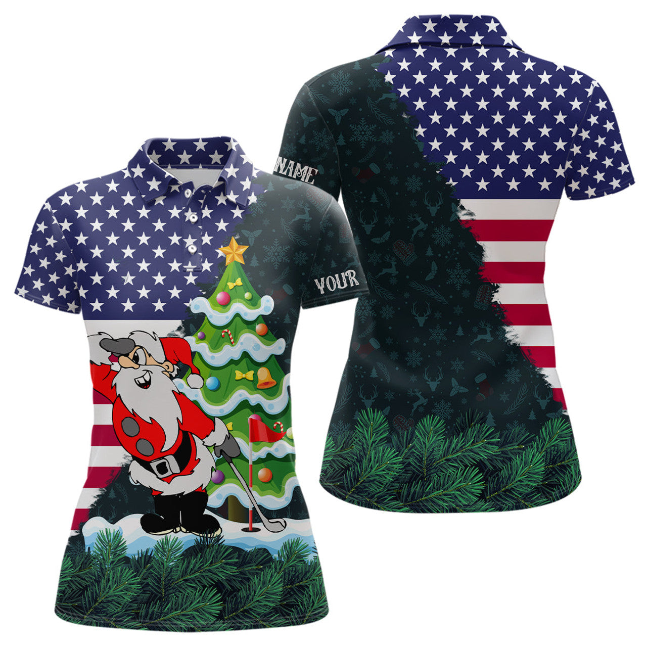 Custom American Flag Christmas Santa Golf Pattern Women's Polo Shirts S-5XL