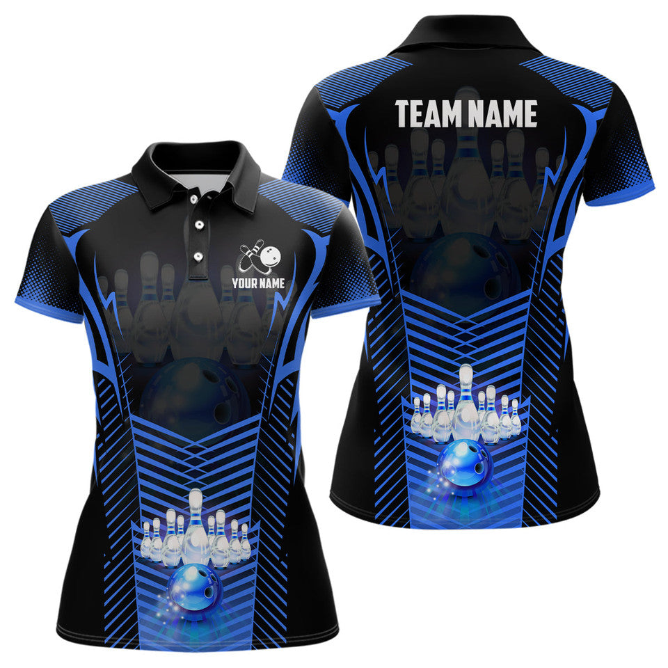 Custom Bowling Ball And Pins Team League Gifts For Blue Women's Polo Shirts S-5XL