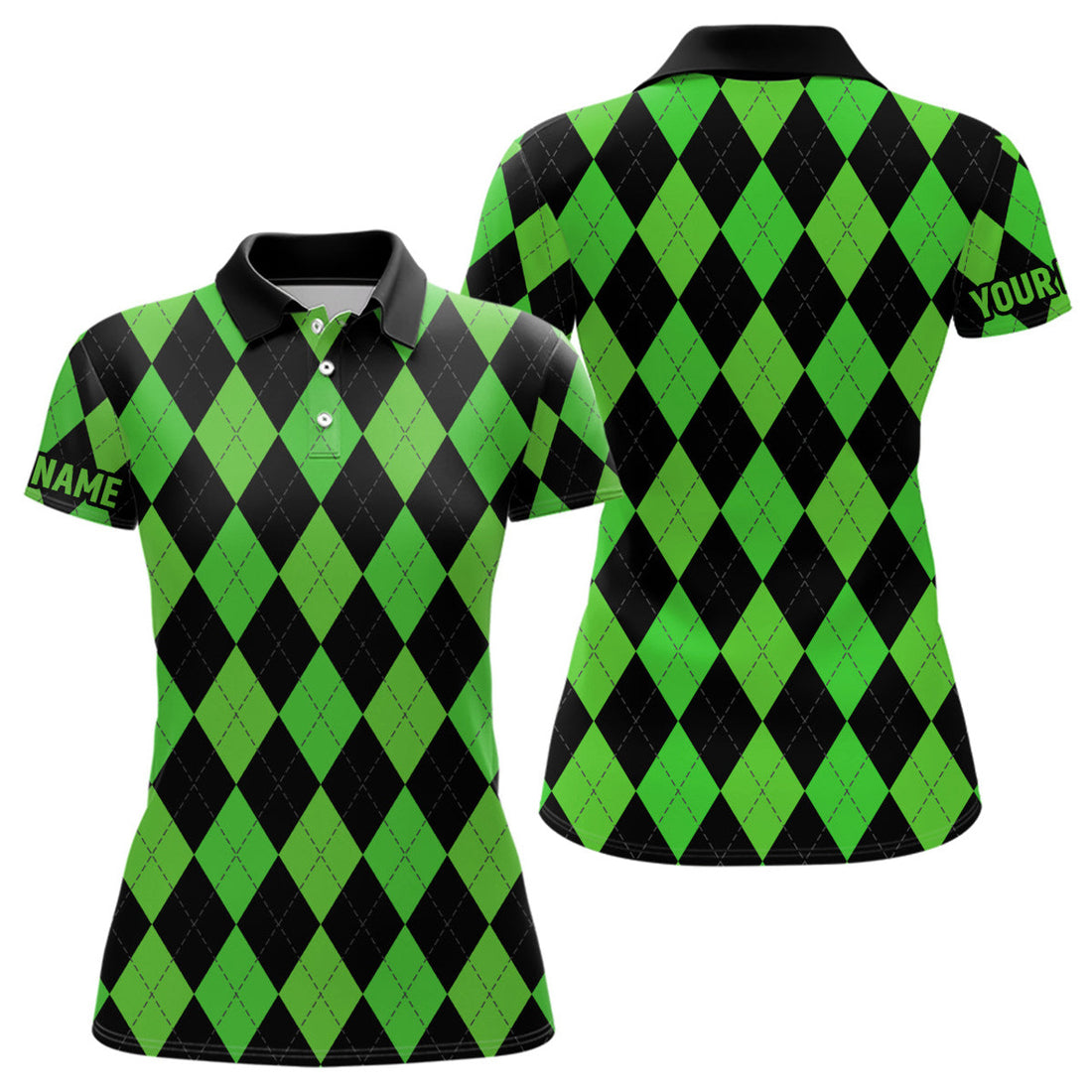 Custom Name Green Black Argyle Plaid Golf Shirt for Ladies Women's Polo Shirts S-5XL