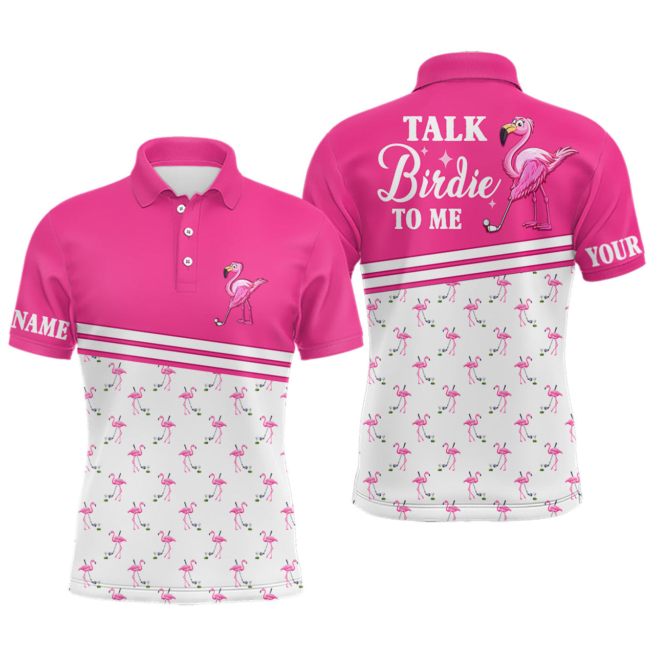 Funny Men's Golf Polo Pink White Flamingo Talk Birdie to Me Men's Polo Shirt S-5XL