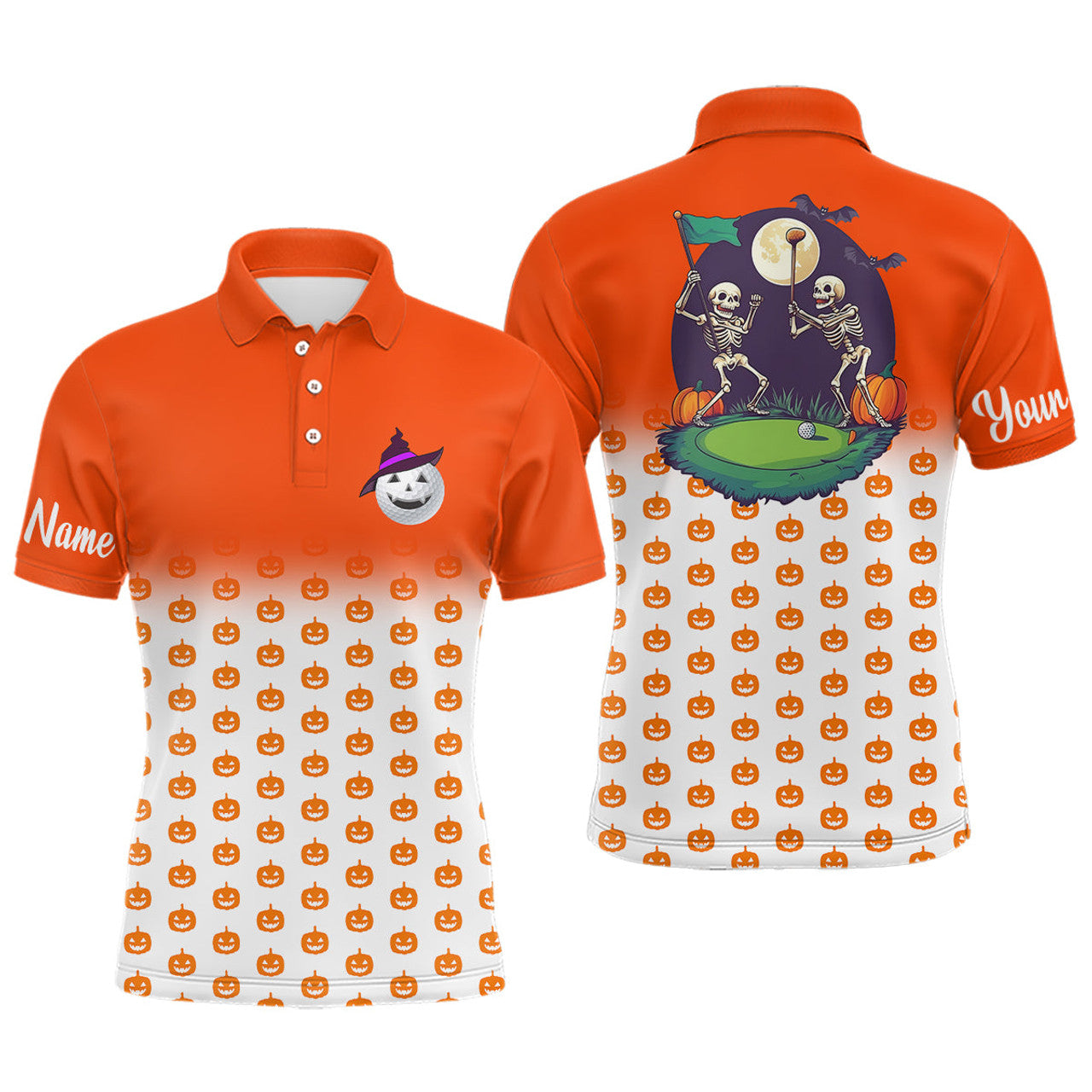 Custom Orange Halloween Pumpkin Skull Golf Apparel Men's Polo Shirt S-5XL