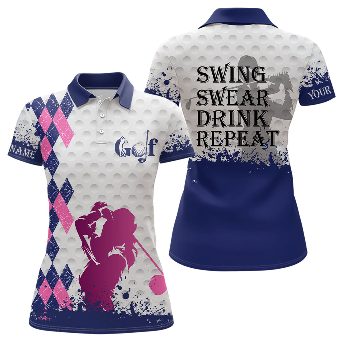 Custom Blue Pink Argyle Golf Shirt Swing Swear Repeat Women's Polo Shirts S-5XL