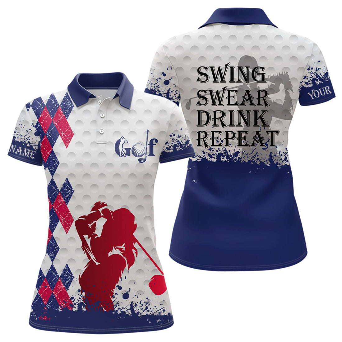 Custom Argyle Plaid Golf Shirt Swing Swear Drink Repeat Women's Polo Shirts S-5XL