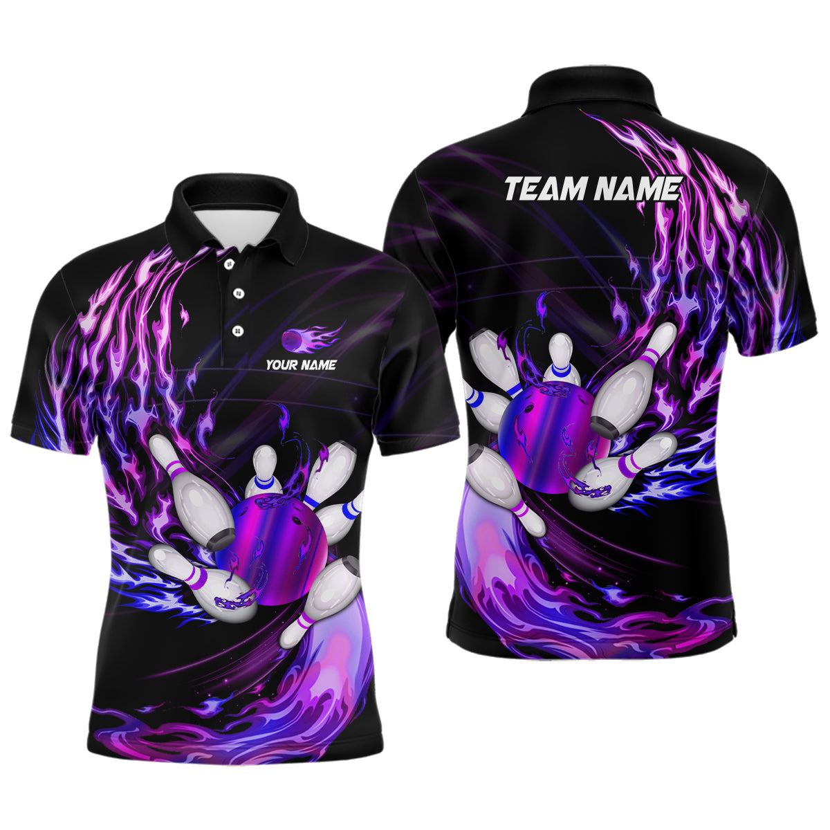Custom Purple Flame Bowling Ball and Pins Team Shirt S-5XL Men's Polo Shirt