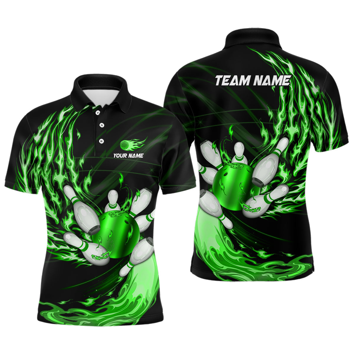 Custom Green Flame Bowling Ball and Pins Team Polo S-5XL Men's Polo Shirt