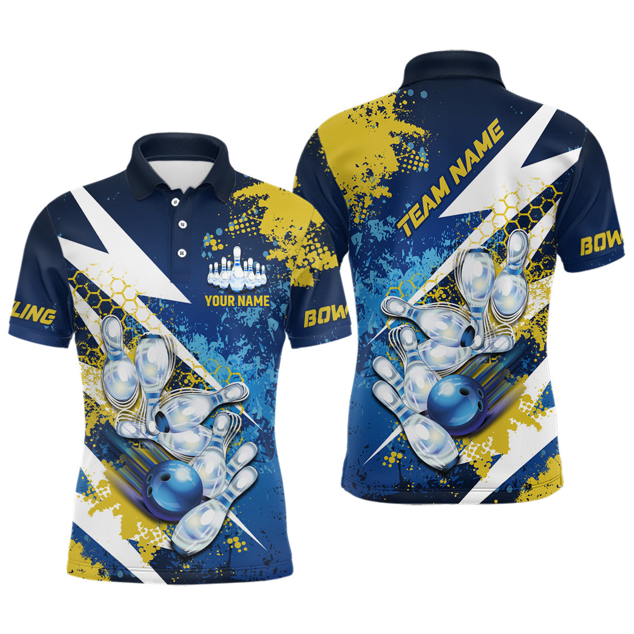 Yellow Blue Grunge Lightning Bowling Mens Polo Shirt S-5XL