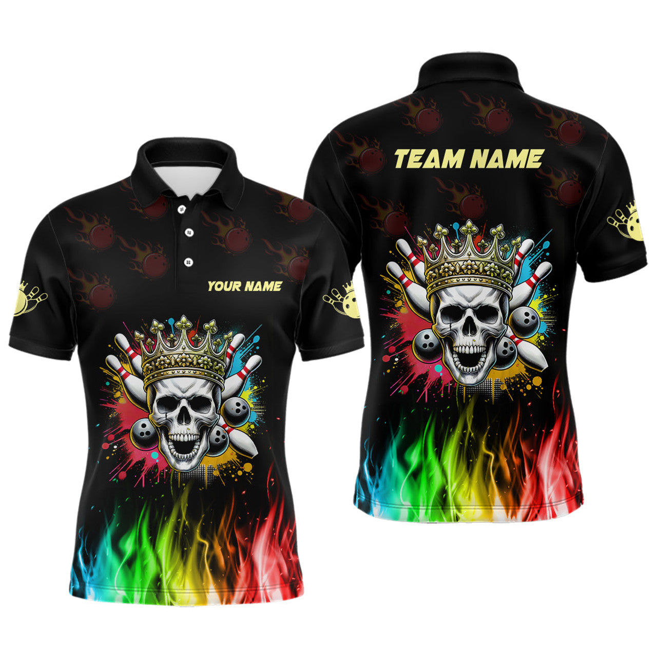 Colorful Flame Skull Bowling Quarter Zip Shirt Custom Team Men's Polo Shirt S-5XL