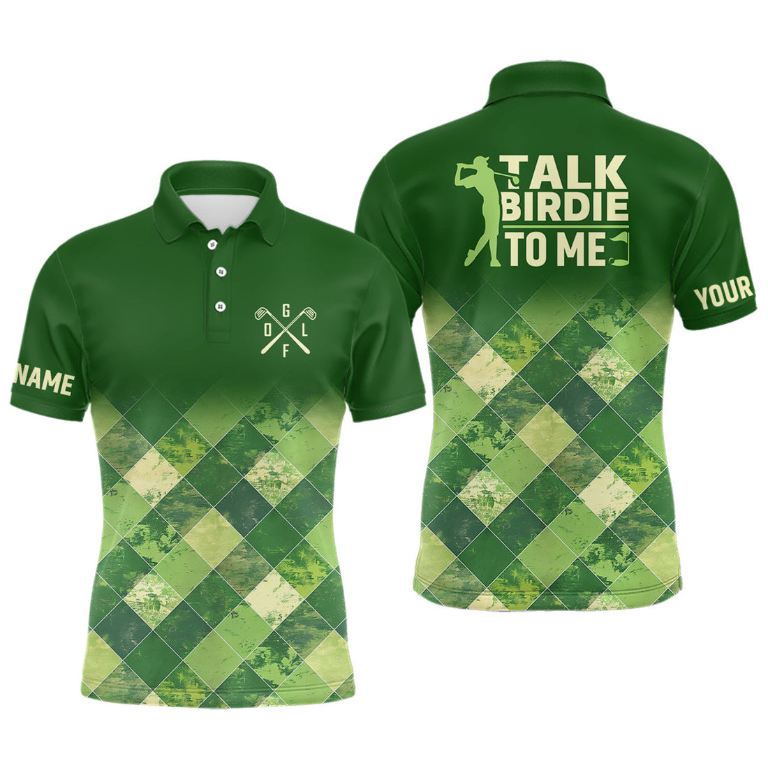 Custom Funny Green Argyle Golf Shirt Talk Birdie to Me Men's Polo Shirt S-5XL