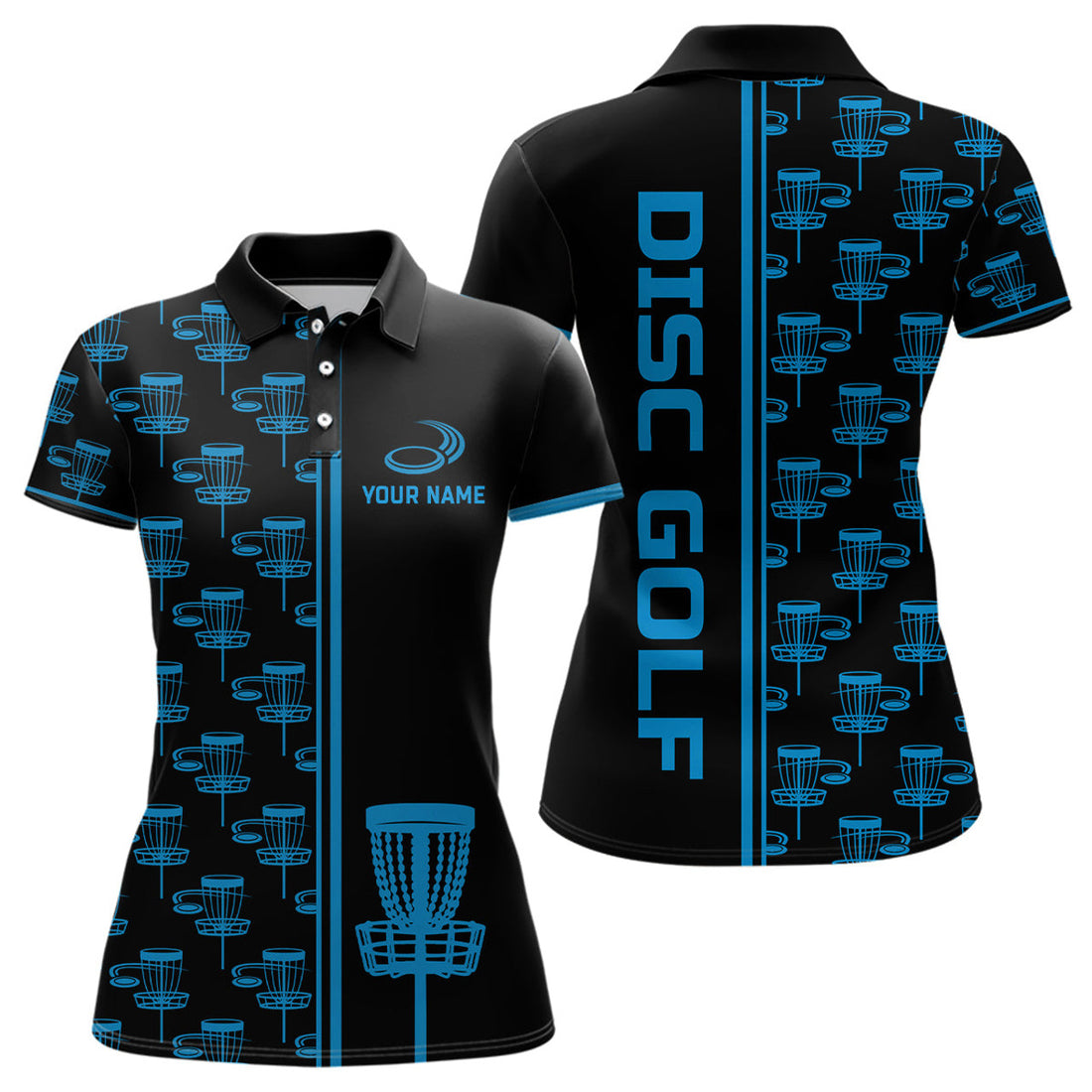 Custom Name Disc Golf Polos Black Blue Gradient With Basket Women's Polo Shirts S-5XL