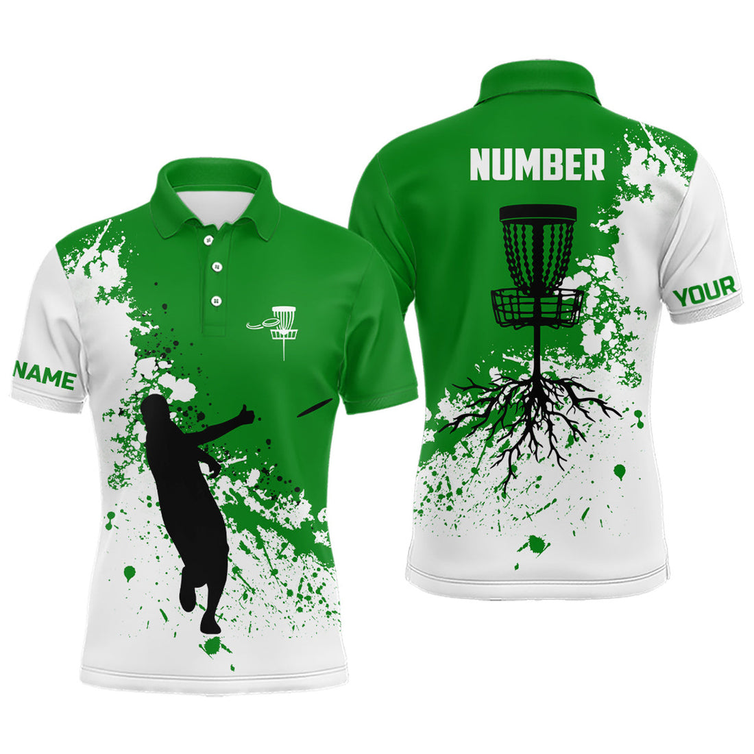 Custom Green White Disc Golf Jersey Name Number Men's Polo Shirt S-5XL