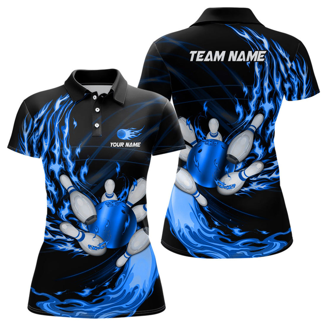 Custom Blue Flame Bowling Ball And Pins Team League Bowler Women's Polo Shirts S-5XL