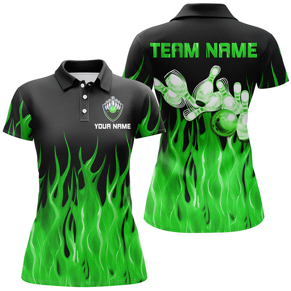 Custom Green Flame Black Bowling Shirt Team Apparel Women's Polo Shirts S-5XL