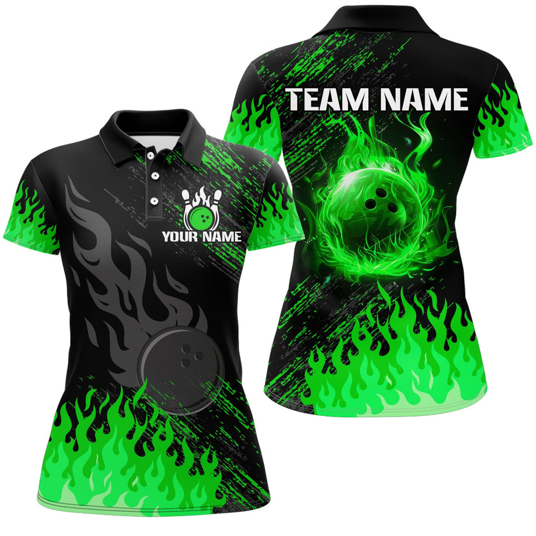 Custom Personalized Black and Green Flame Bowling for Women's Polo Shirts S-5XL