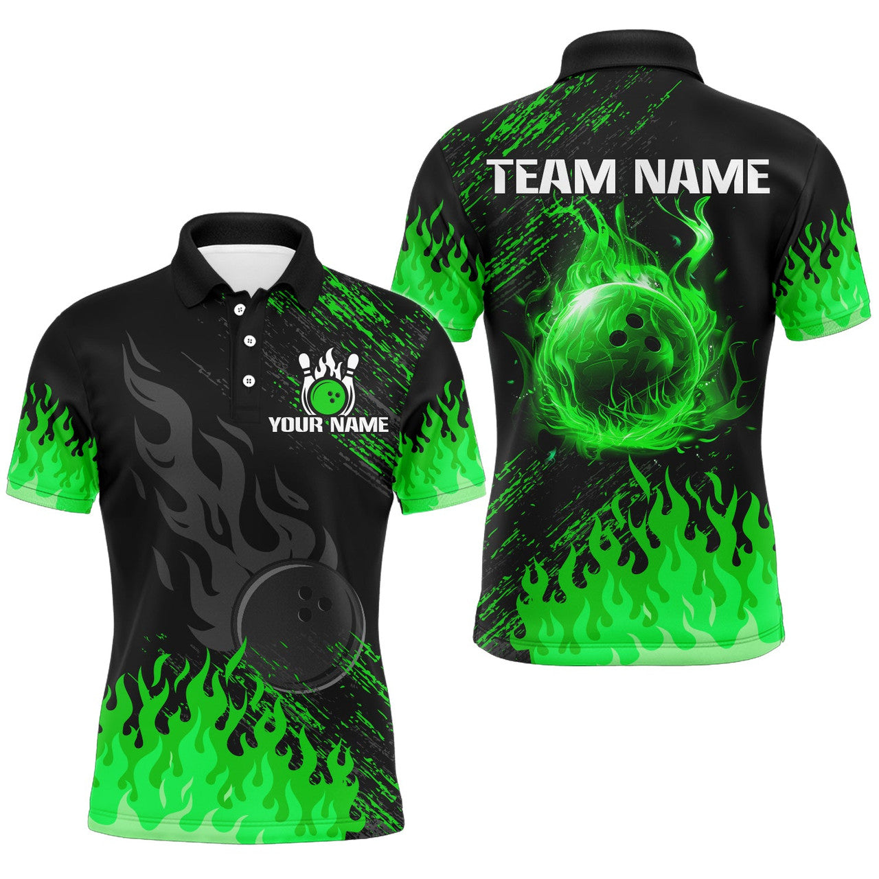 Personalized black and green Flame bowling Polo Shirt Size S-5XL
