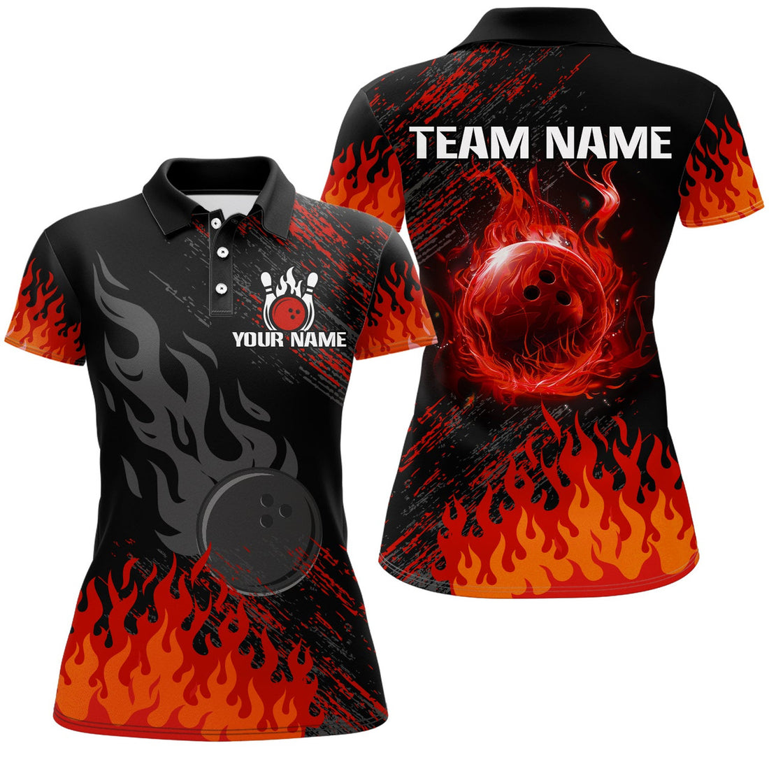 Personalized Black Red Flame Bowling Women's Polo Shirts S-5XL