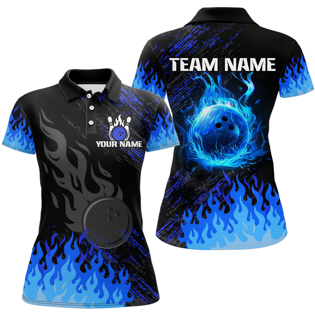 Custom Personalized Black And Blue Flame Bowling Shirt For Women's Polo Shirts S-5XL