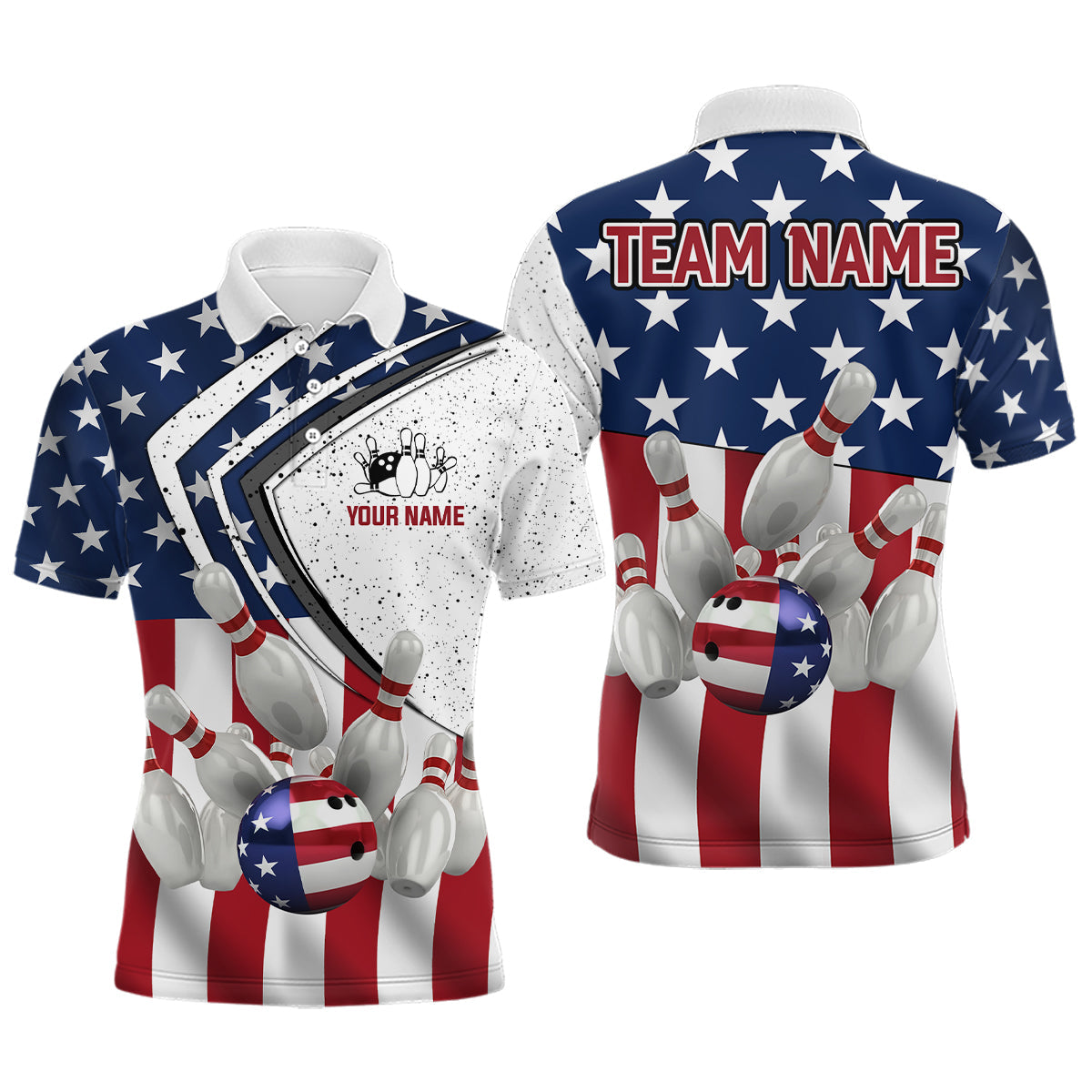 American Flag Retro Bowling Custom Patriotic Men's Polo Shirt S-5XL