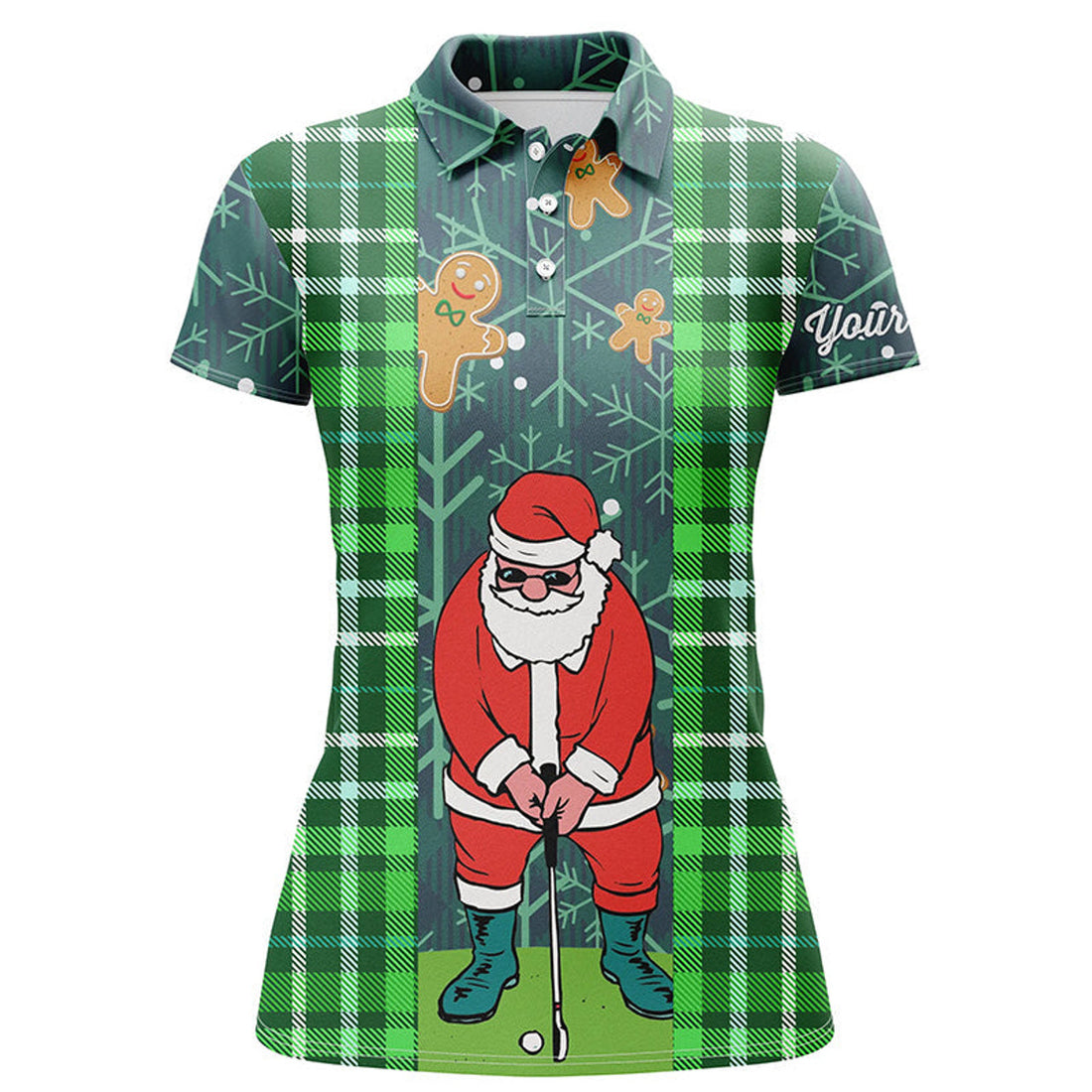 Custom Name Santa Golf Shirt Flannel Plaid Green Golf Gift Women's Polo Shirts S-5XL