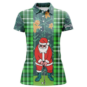 Custom Name Santa Golf Shirt Flannel Plaid Green Golf Gift Women's Polo Shirts S-5XL