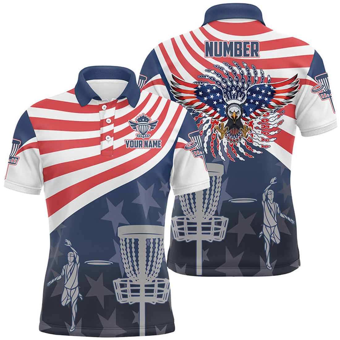 Custom American Flag Disc Golf Shirt Patriotic US Eagle Men's Polo Shirt S-5XL