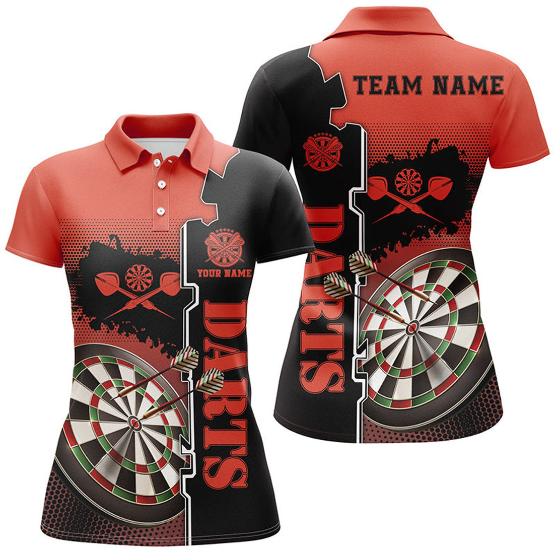 Custom Personalized Red Black Darts for Darts Team Women's Polo Shirts S-5XL