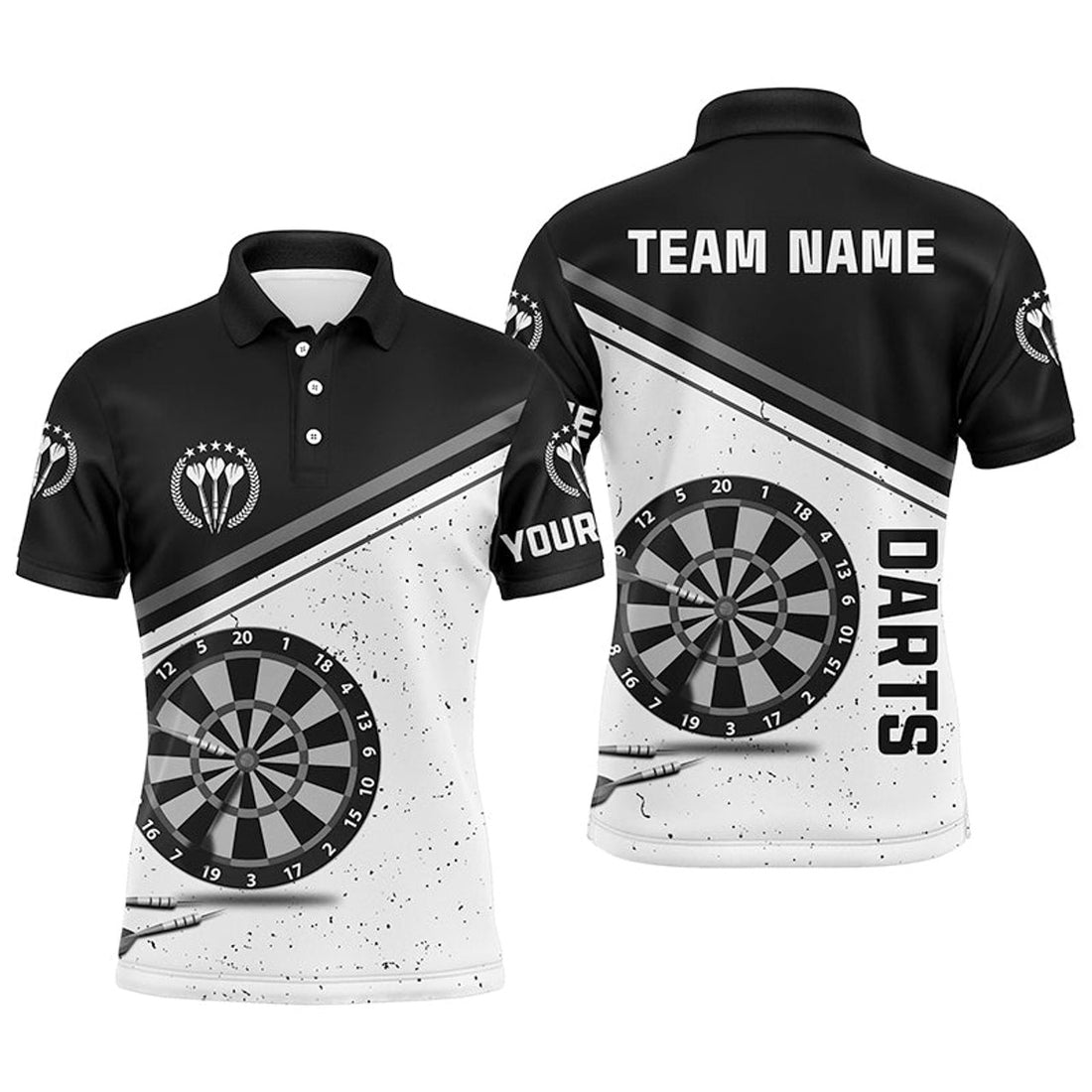 Custom Black White Grunge Darts Shirt With Name Men's Polo Shirt S-5XL