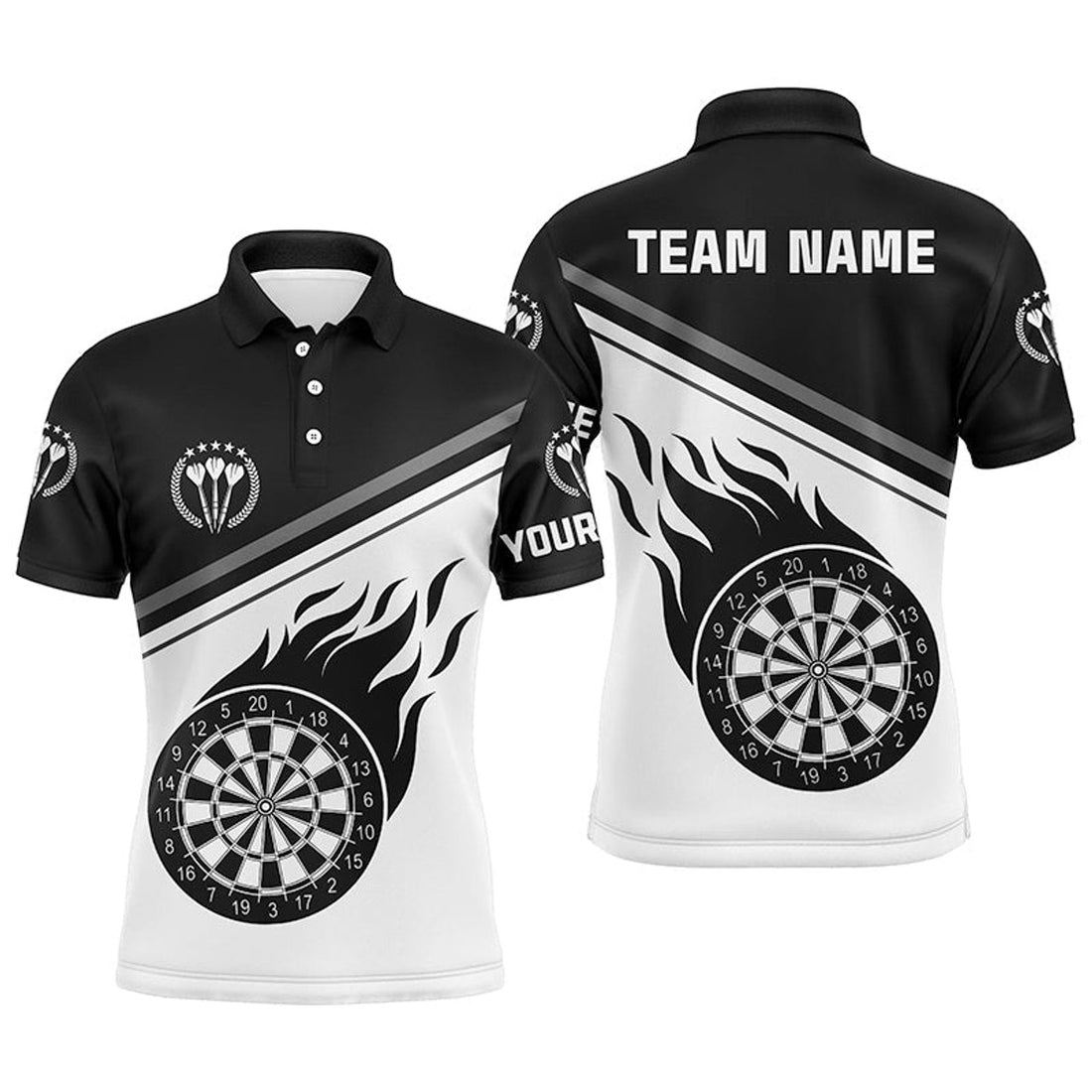 Custom Black White Flame Darts Shirt With Name Men's Polo Shirt S-5XL