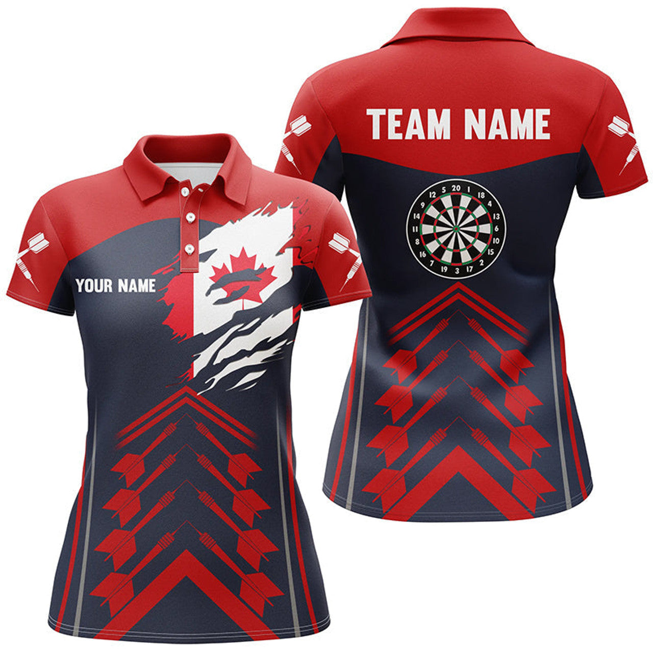 Custom Navy Red Canada Flag Darts Polo Shirt Patriotic Women's Polo Shirts S-5XL
