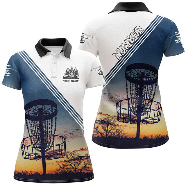 Custom Sunset Disc Golf Shirt Basket Design Personalized Women's Polo Shirts S-5XL