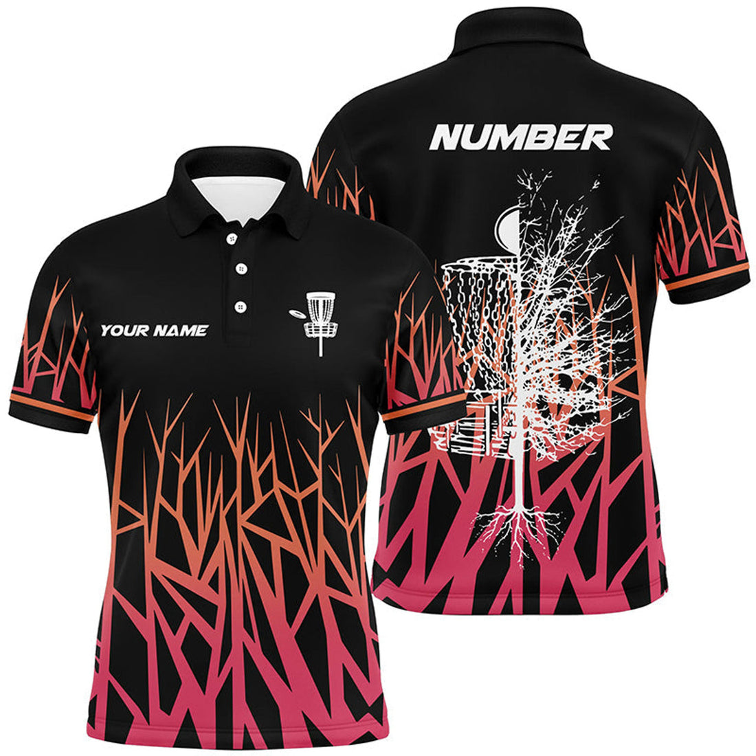 Personalized Disc Golf Basket Tree Pink Gradient Men's Polo Shirt S-5XL