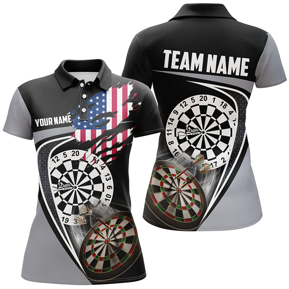 Custom Black Grey American Flag Darts Patriotic Design Women's Polo Shirts S-5XL